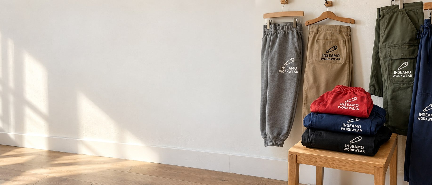 Custom track, chino, cargo, yoga and scrub pants folded on a small oak table and hanging on a wall hook